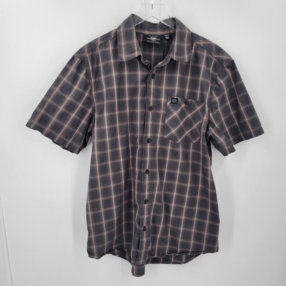 Harley Davidson Plaid Shirt Mens Large Brown Black Button Up Short Sleeve